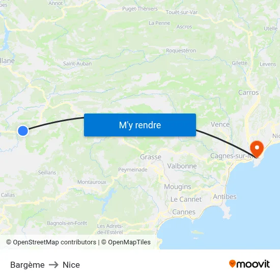 Bargème to Nice map