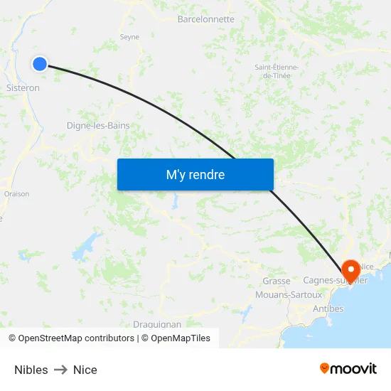 Nibles to Nice map