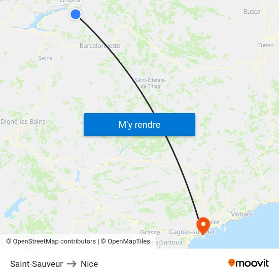Saint-Sauveur to Nice map