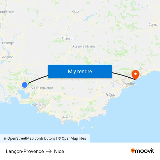 Lançon-Provence to Nice map