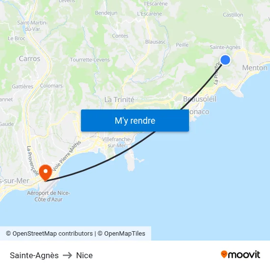 Sainte-Agnès to Nice map