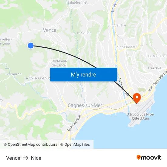 Vence to Nice map