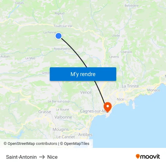 Saint-Antonin to Nice map