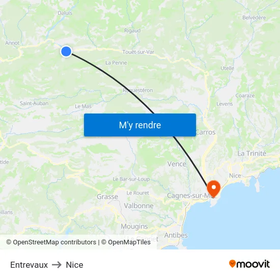Entrevaux to Nice map