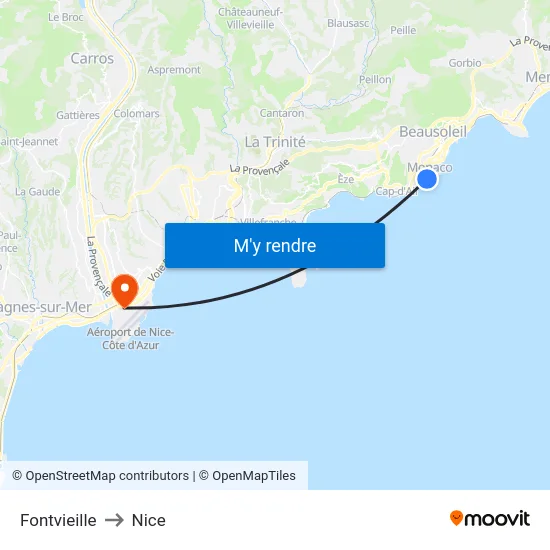 Fontvieille to Nice map