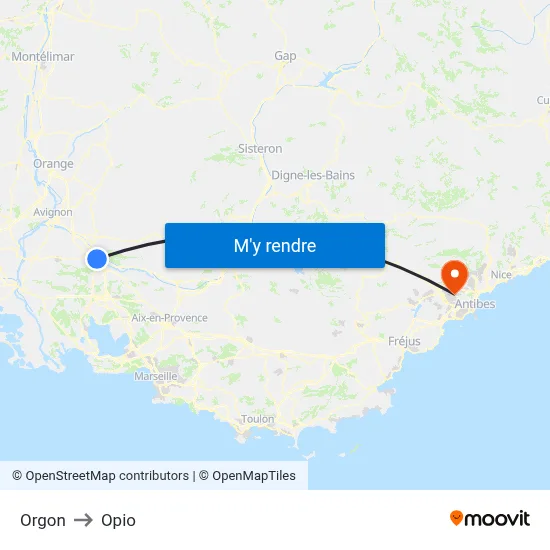Orgon to Opio map