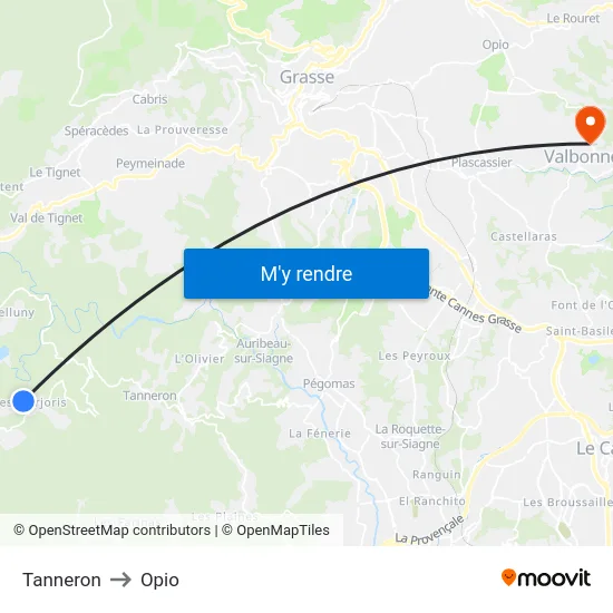 Tanneron to Opio map