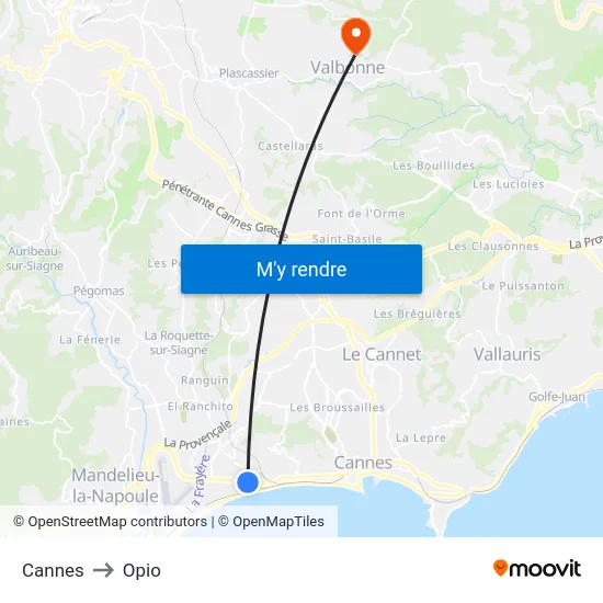 Cannes to Opio map
