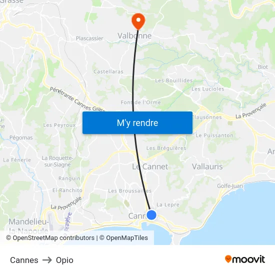 Cannes to Opio map