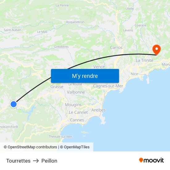Tourrettes to Peillon map