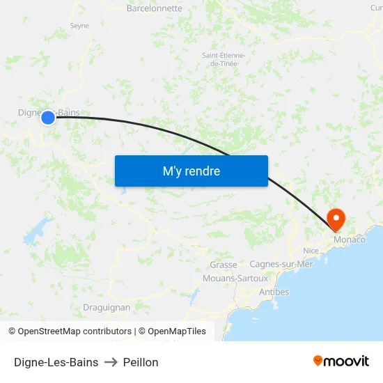 Digne-Les-Bains to Peillon map
