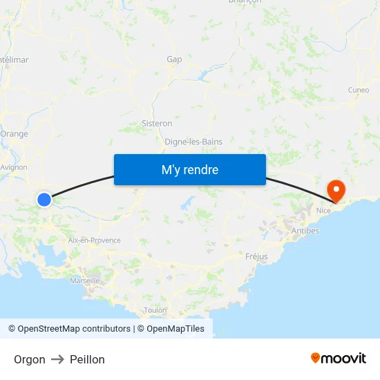 Orgon to Peillon map