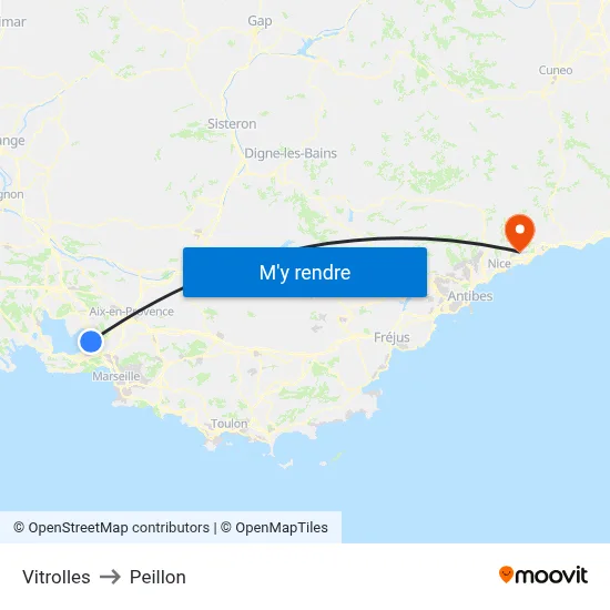 Vitrolles to Peillon map