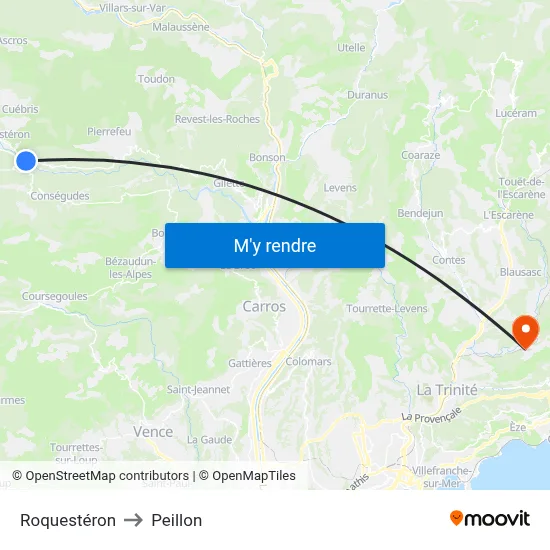 Roquestéron to Peillon map