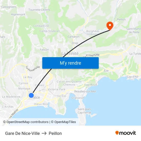 Gare De Nice-Ville to Peillon map
