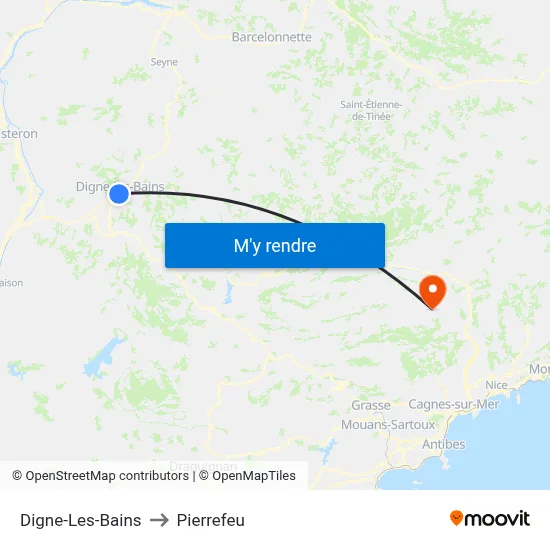 Digne-Les-Bains to Pierrefeu map