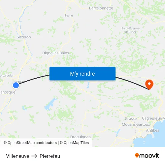 Villeneuve to Pierrefeu map