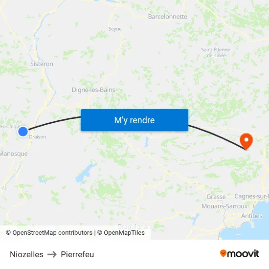 Niozelles to Pierrefeu map