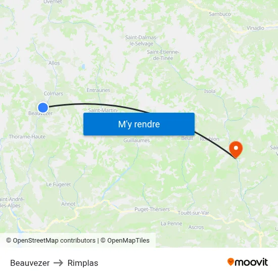 Beauvezer to Rimplas map
