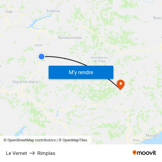 Le Vernet to Rimplas map