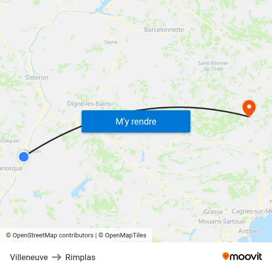 Villeneuve to Rimplas map