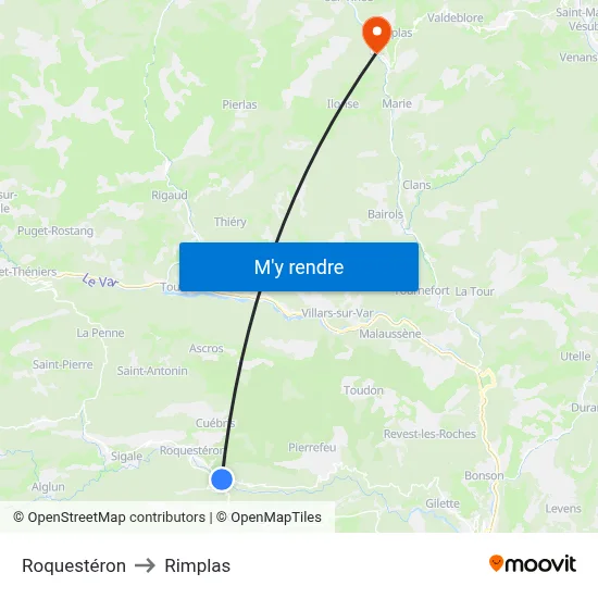 Roquestéron to Rimplas map