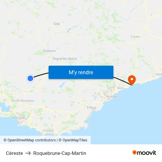 Céreste to Roquebrune-Cap-Martin map