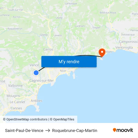 Saint-Paul-De-Vence to Roquebrune-Cap-Martin map