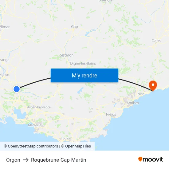 Orgon to Roquebrune-Cap-Martin map