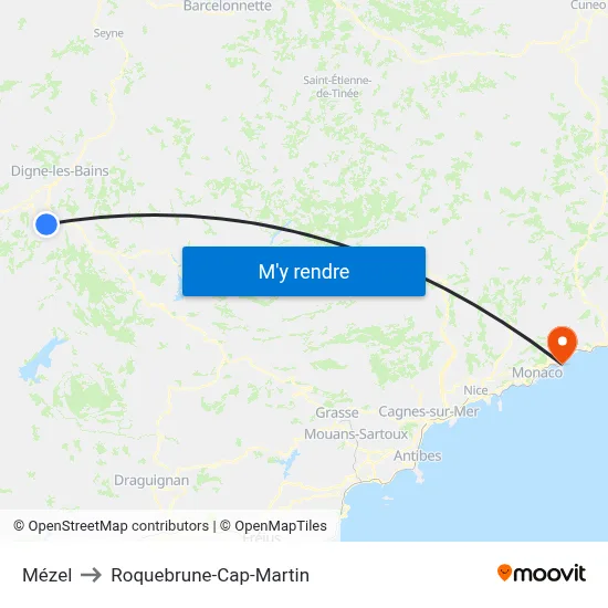 Mézel to Roquebrune-Cap-Martin map