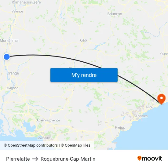 Pierrelatte to Roquebrune-Cap-Martin map