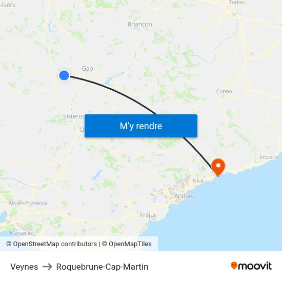 Veynes to Roquebrune-Cap-Martin map