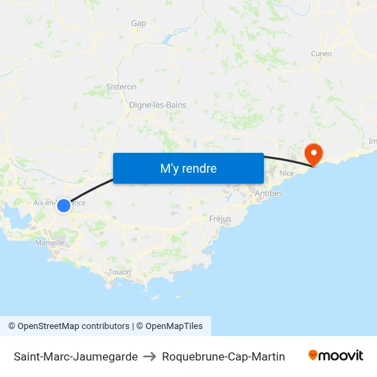 Saint-Marc-Jaumegarde to Roquebrune-Cap-Martin map