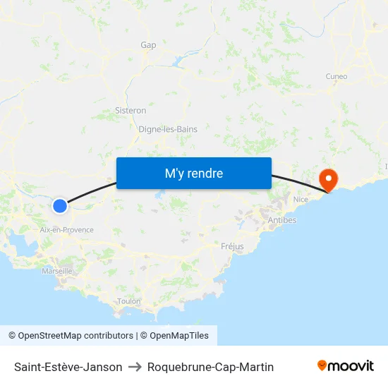 Saint-Estève-Janson to Roquebrune-Cap-Martin map