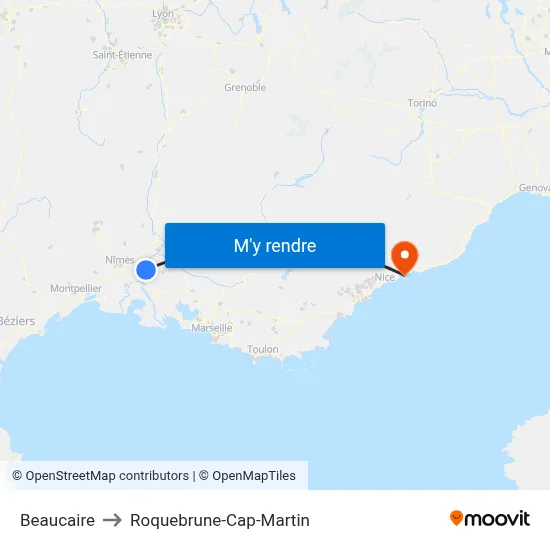 Beaucaire to Roquebrune-Cap-Martin map