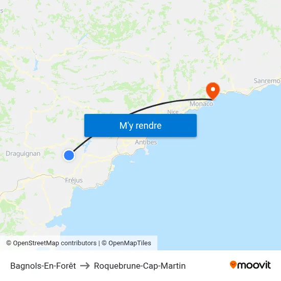 Bagnols-En-Forêt to Roquebrune-Cap-Martin map