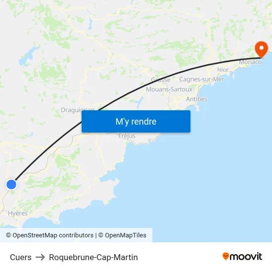 Cuers to Roquebrune-Cap-Martin map
