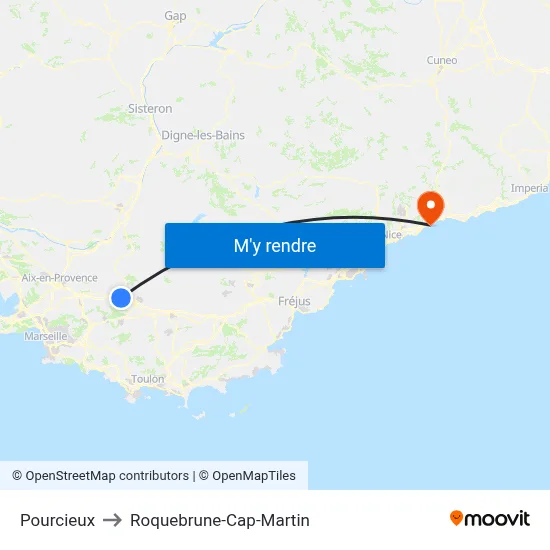 Pourcieux to Roquebrune-Cap-Martin map