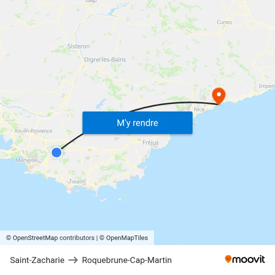 Saint-Zacharie to Roquebrune-Cap-Martin map