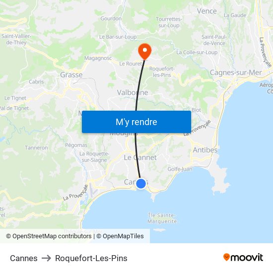 Cannes to Roquefort-Les-Pins map