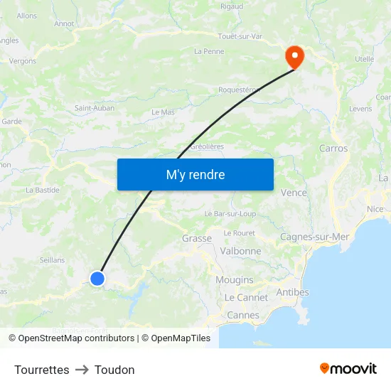 Tourrettes to Toudon map