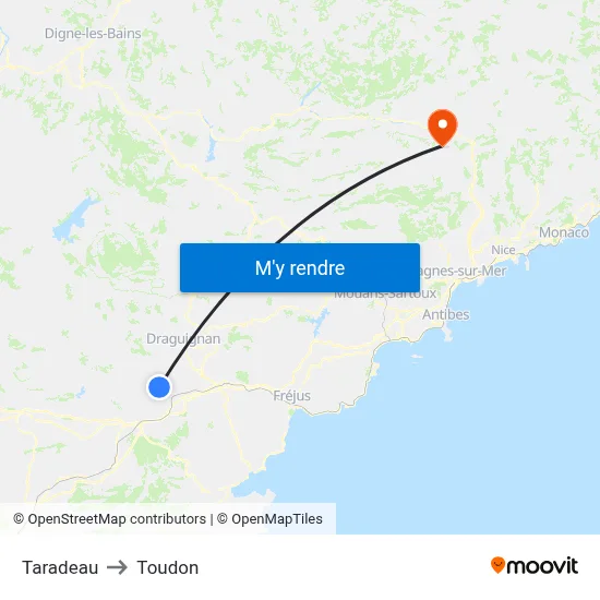 Taradeau to Toudon map