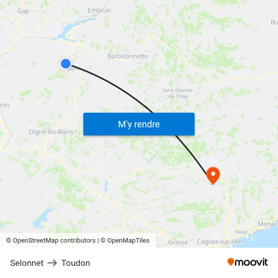 Selonnet to Toudon map