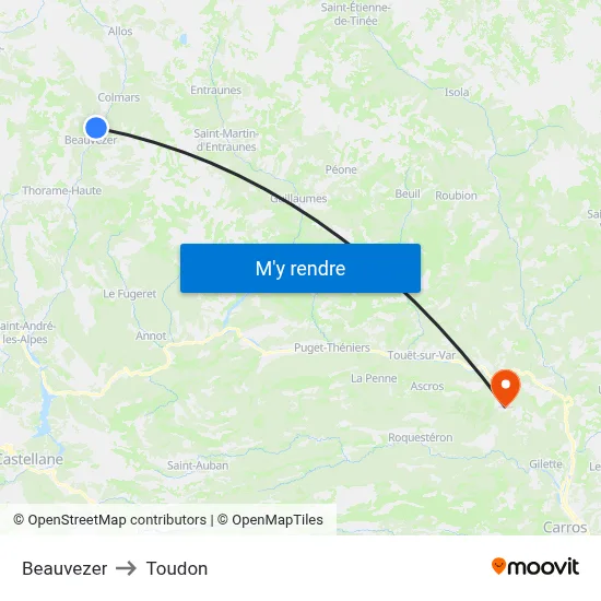 Beauvezer to Toudon map