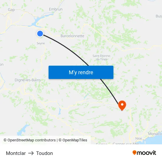 Montclar to Toudon map