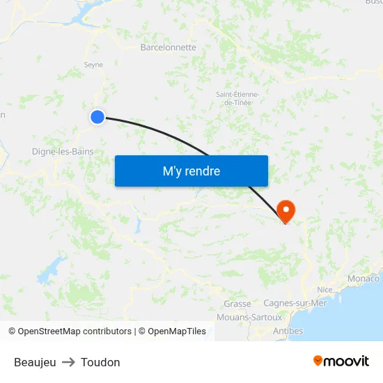 Beaujeu to Toudon map