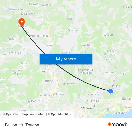 Peillon to Toudon map