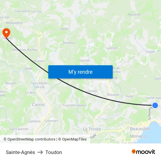 Sainte-Agnès to Toudon map