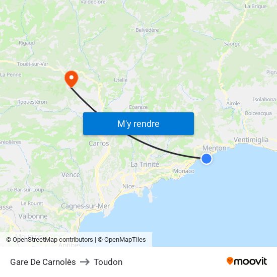 Gare De Carnolès to Toudon map