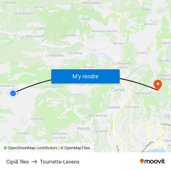 Cipiã¨Res to Tourrette-Levens map